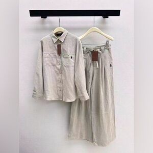 Ralph Lauren khaki loose-fitting shirt and straight-leg pants set